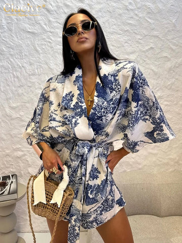 Print Shirt & High Waist Shorts Set