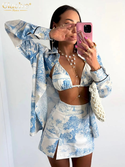 Women's Blue Print Outfit Set