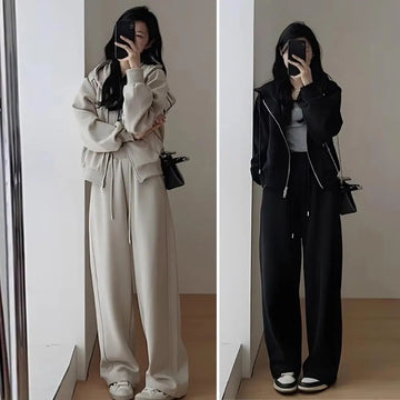 Two-piece set: hooded sweater, wide-leg pants with pocket